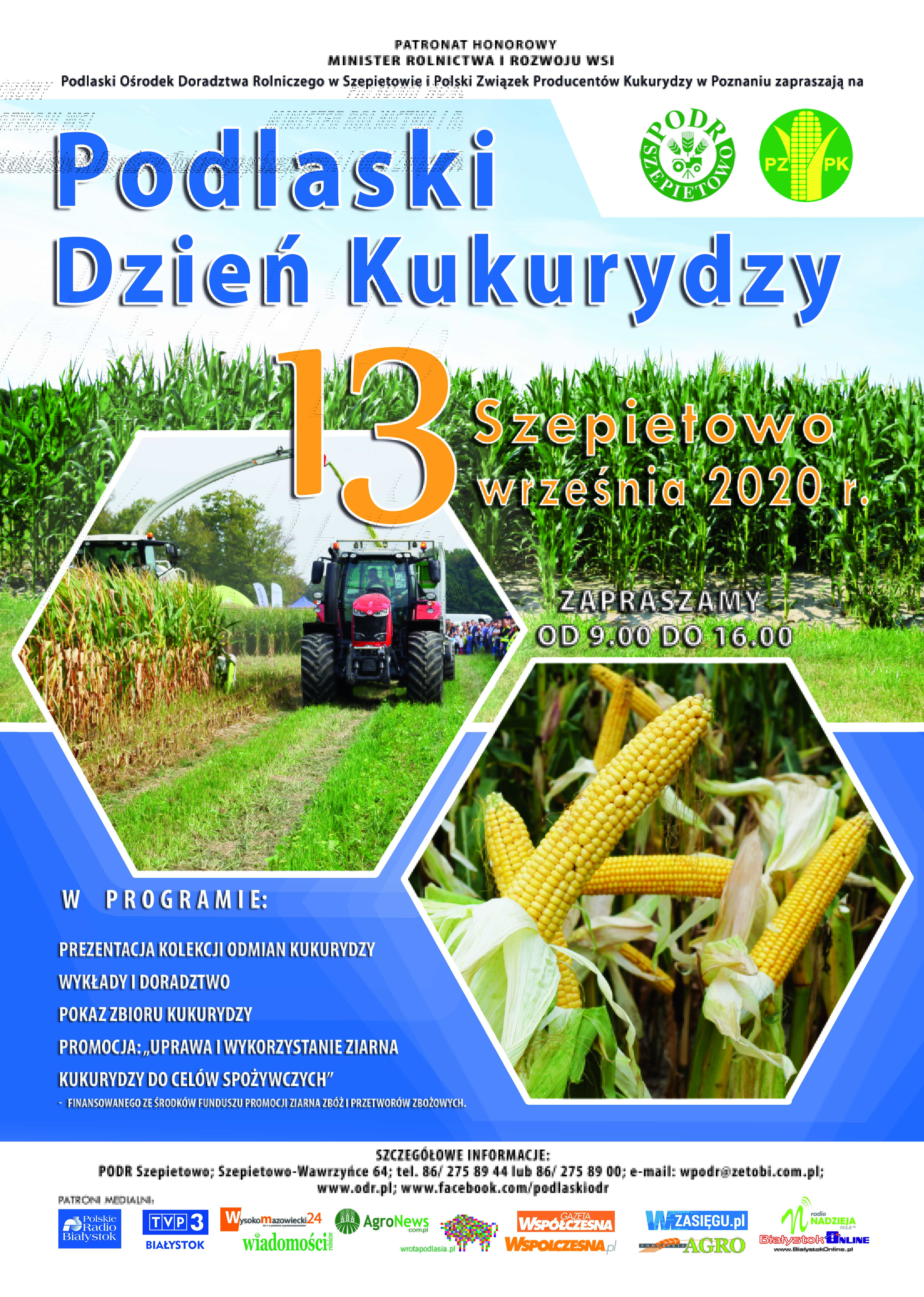  plakat przedstawiający ww informacje oraz zdjęcie pola kukurydzy, kombajn i ciągnik podczas zbioru kukurydzy
