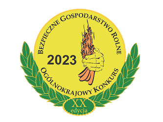 logo - złoty medal z zielonymi liśćmi na dole a w środku napis - ogólnokrajowy konkurs bezpieczne gospodarstwo rolne 2023